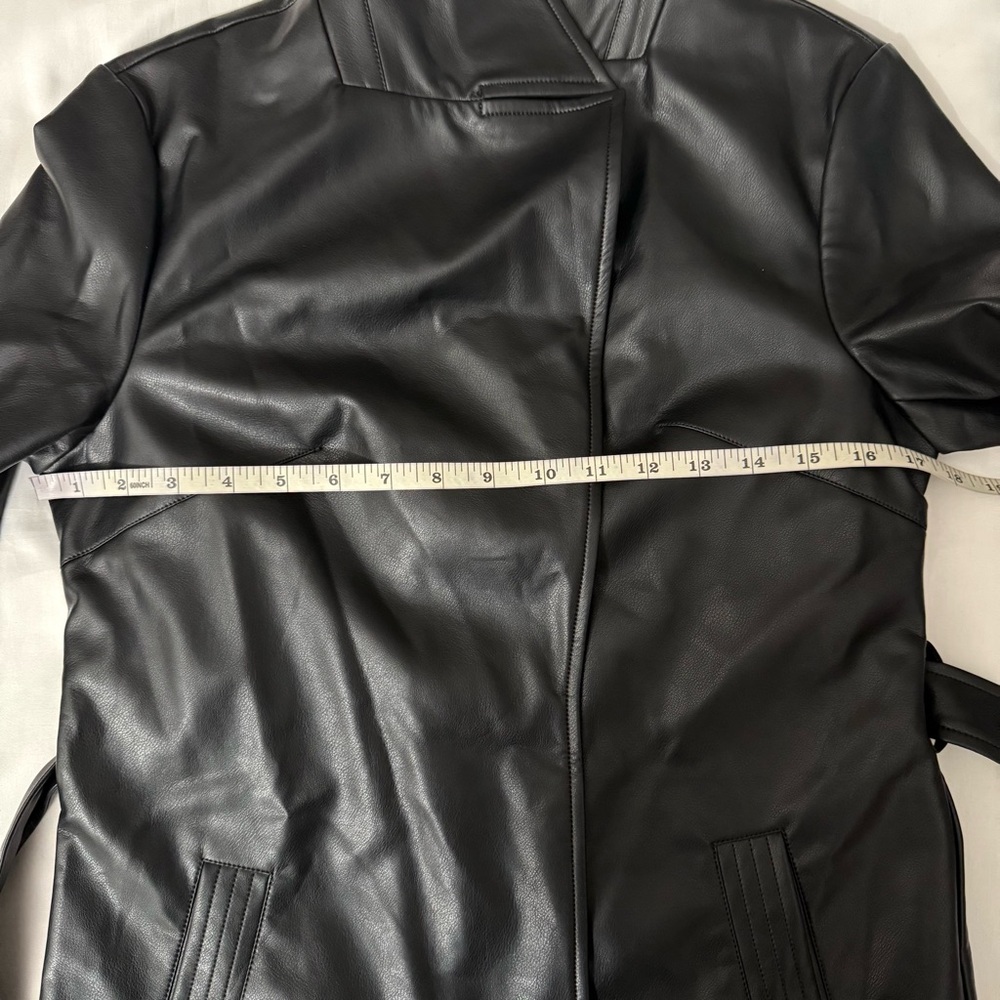 Black faux leather lapel collar belted open front trench coat - Picture 10 of 15